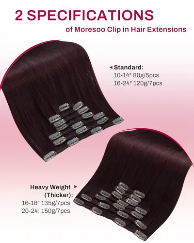 Miniatura 7 de Moresoo Extensiones de cabello humano real color burdeos con clip, extensiones de cabello humano rojo oscuro con clip de doble trama, color vino