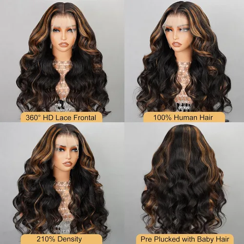Miniatura 3 de Arabella - Pelucas de cabello humano con encaje frontal 360 FBP30 con reflejos degradados, pelucas de cabello humano 12A, pelucas de encaje Peluca