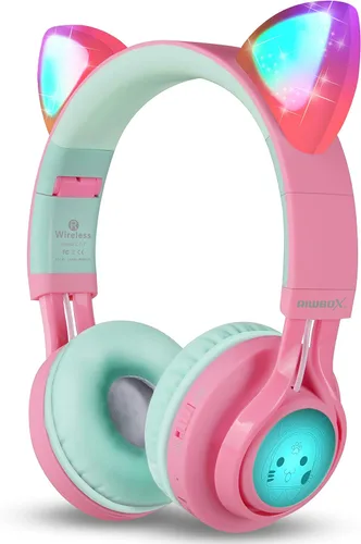 Miniatura 6 de Riwbox CT-7 - Auriculares Bluetooth de oreja de gato, con luz LED, inalámbricos, con micrófono y control de volumen para viajes, escuela, Azul