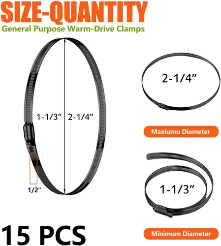 Miniatura 2 de BOTTEN 15 piezas Abrazadera de manguera negra, 1-1/3" - 2-1/4" (33-57mm) Abrazaderas de manguera de acero inoxidable 304, juego de surtido