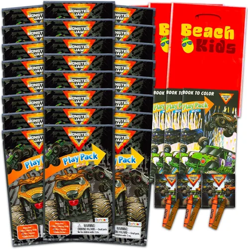 Monster Jam Mini Party Favors Set para niños – Paquete con 24 mini paquetes de juego Monster Jam Grab n Go con páginas para colorear, calcomanías y