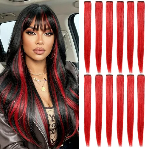 Miniatura 15 de 12 extensiones de cabello de colores rectas de 20 pulgadas, extensiones de cabello sintético con clip, color arcoíris, con reflejos, para fiesta