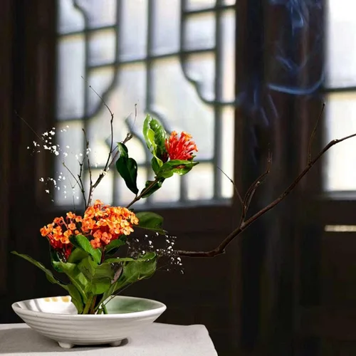Miniatura 3 de Kit de jarrón Ikebana japonés, cerámicas de contenedor poco profundo para flores, jarrón Ikebana con base para arreglos florales Kenzan de 1.57