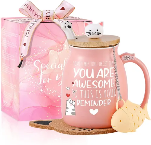 Miniatura 9 de BigNoseDeer Lindas tazas Kawaii de gato, taza de café de cerámica con infusor y tapa, cuchara, taza de té, regalos lindos y geniales para mujeres