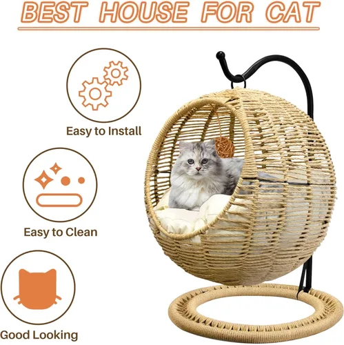 Miniatura 6 de BROWN-BROWN Cama colgante de mimbre hecha a mano para gatos, silla de huevo oscilante con cojín extraíble y bola colgante, acogedora hamaca