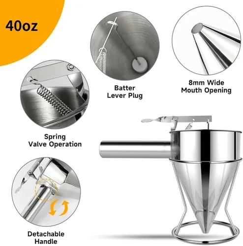 Miniatura 4 de Dispensador de Masa Multifuncional de 40 oz, Dispensador de Masa para Panqueques de Acero Inoxidable Multi-Calibre con Soporte Ideal