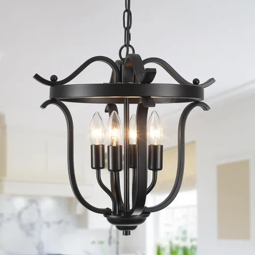 Candelabro negro estilo jaula de granja E12 4 lámparas de techo lámparas vintage para comedor, cocina, entrada, pasillo, vestíbulo