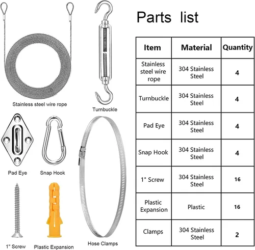 Miniatura 6 de Kit de accesorios para toldo, kit de accesorios para toldo con cuerda de alambre de acero inoxidable 304 para velas Kit de 50 piezas
