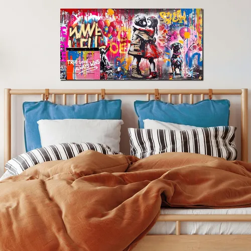 Miniatura 2 de CIRABKY Arte de pared de graffiti, colorido arte de pared de Banksy, impresión de niña con beso de niño, 20 x 40 pulgadas