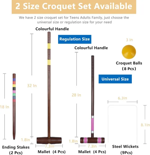 Miniatura 3 de SpeedArmis Juego de croquet de lujo para 8 jugadores con regulación de 32 pulgadas mazos de madera de goma de tamaño estándar de 28 pulgadas, bola