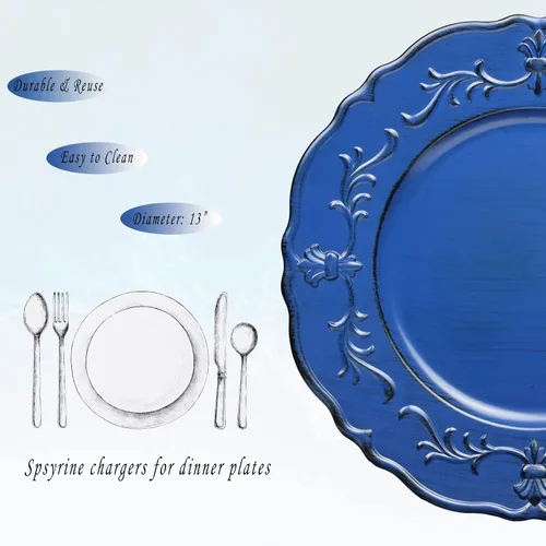 Miniatura 3 de Spsyrine Plato de carga azul real antiguo, cargadores de plástico en relieve de 13 pulgadas para cena, juego de 6 elegantes decoraciones para bodas