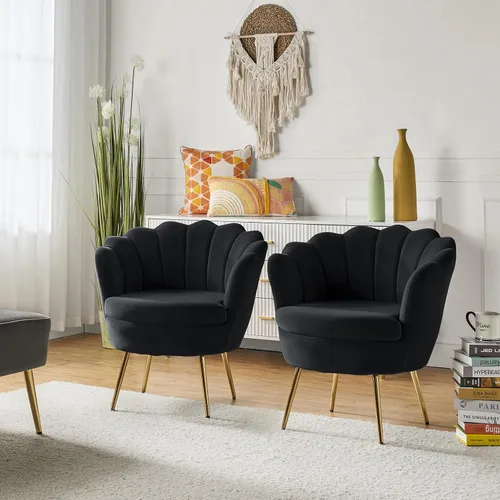 Miniatura 11 de HULALA HOME Silla decorativa moderna de terciopelo con respaldo en forma de concha, bonito sillón para sala de estar, dormitorio con patas doradas