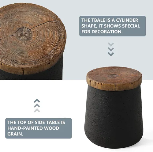 Miniatura 6 de COSIEST Mesa auxiliar de tambor con forma de cilindro de hormigón con parte superior de madera sintética, mesa de acento negra para exteriores