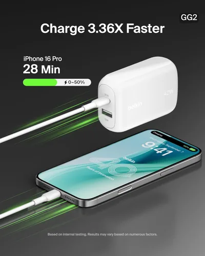 Miniatura 2 de Belkin Bloque de Carga de 42W con 2 Puertos, Cargador USB-C + USB-A de Super Carga Rápida - Samsung Galaxy S25, Apple iPhone 17, Air, Pro, Pro Max