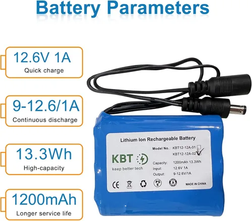 Miniatura 2 de KBT Batería Recargable de Iones de Litio de 12V 1200mAh, Conector Macho DC5521 de 12 Voltios, Paquete de Batería de Repuesto con Cargador Compatible