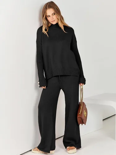 Miniatura 6 de ANRABESS Conjunto de 2 piezas para mujer, suéter de punto de manga larga, pantalón de pierna ancha, ropa de descanso, moda 2025