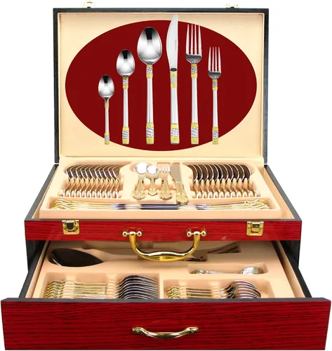 Miniatura 13 de Juego de cubiertos de lujo de 75 piezas para 12 con estuche de almacenamiento de madera, servicio de cubiertos de comedor de alta calidad, cubiertos