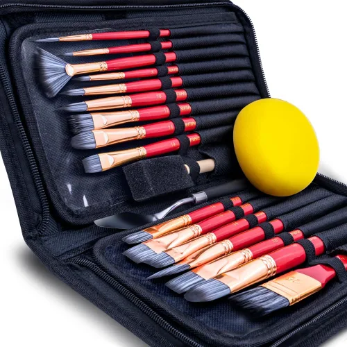 Miniatura 9 de Transon Kit de 20 pinceles de pintura artística con estuche de almacenamiento, 16 pinceles + espátula de esponja para aceite acrílico, acuarela