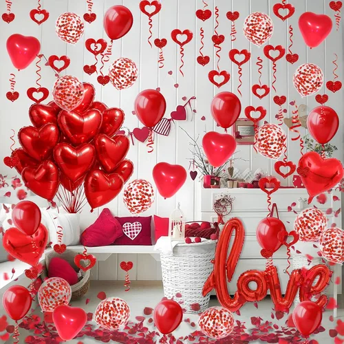 Miniatura 7 de Fecedy Globo de papel de aluminio en forma de amor y corazón, globos de látex redondos y en forma de corazón, globo de confeti, pétalos falsos