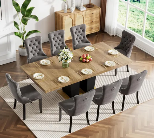 Miniatura 22 de Juego de mesa de comedor extensible marrón de 63 a 78.74 pulgadas para 4, juego de mesa de comedor de 5 piezas con 4 sillas, mesa de cocina