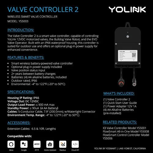Miniatura 2 de Kit de control de válvula inteligente inalámbrico YoLink, válvula motorizada de acero inoxidable certificada NSF de 1/2", controlador inalámbrico 2