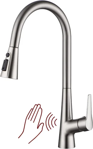 Miniatura 13 de sumerain Canilla de cocina sin contacto con rociador abatible, grifo de fregadero de cocina manos libres con sensor de movimiento de una sola Cromo