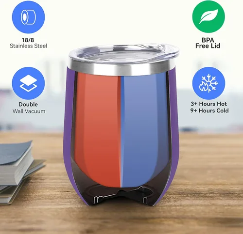 Miniatura 2 de DOMICARE - Vaso de vino de 12 onzas con tapa, hecho de acero inoxidable con aislamiento al vacío de doble pared, paquete de 1 unidad, color morado