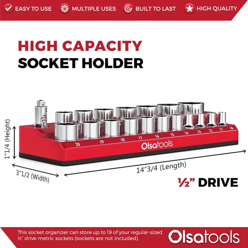 Miniatura 3 de Olsa Tools Portadados magnético, para dados métricos con cuadros de mando de 1/2 pulgada, color rojo, caben 19 dados, organizador de herramientas
