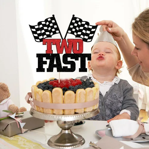 Miniatura 5 de Decoración para pastel de dos velocidades: decoración de pastel con purpurina para fiesta de 2º cumpleaños, bandera a cuadros de coche de carreras