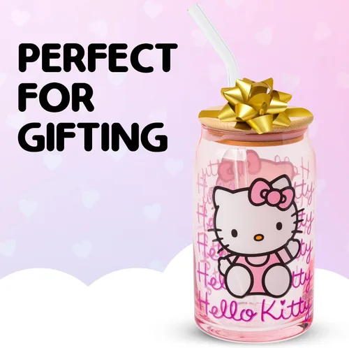 Miniatura 7 de Silver Buffalo Sanrio - Vaso de vidrio rosa con tapa de bambú y sorbete de vidrio de Hello Kitty, 16 onzas Hello Kitty Agitando