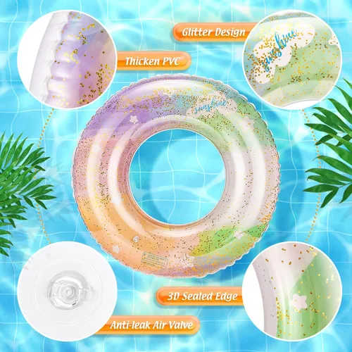 Miniatura 3 de Wettarn Flotadores inflables de piscina, 8 unidades, tubos de natación para niños, tubos de piscina con purpurina interior de lentejuelas, tubo