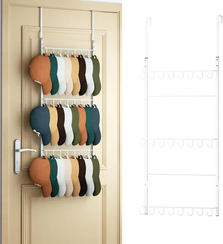 Miniatura 11 de HapiRm Perchero para Puerta - Organizador de Sombreros de 3 Niveles Montado en la Pared con 16 Ganchos y 10 Clips Móviles, Organizador de Sombreros