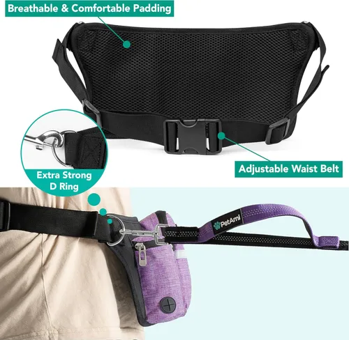 Miniatura 5 de PetAmi Correa de perro con manos libres de alta calidad para 2 perros, correa de cinturón ajustable para pasear perros, riñonera con bolsa de Púrpura