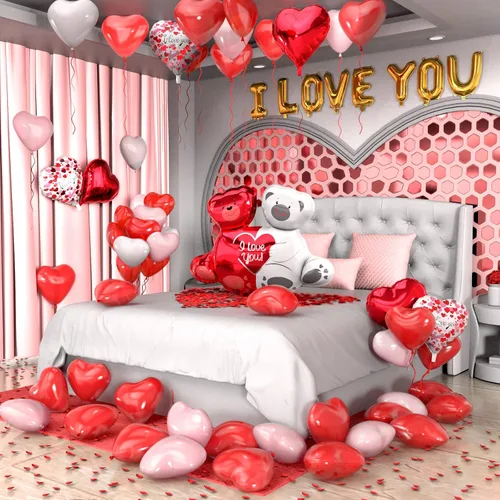 Miniatura 9 de Kit de globos para el día de San Valentín, globos con texto en inglés "I Love You", globos de corazón blanco y rojo, pétalos de rosa para el día