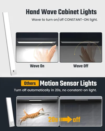 Miniatura 3 de SUPERDANNY Luces de 16 pulgadas para debajo del gabinete, sensor de onda manual, 65 luces LED para debajo del gabinete, batería recargable mejorada