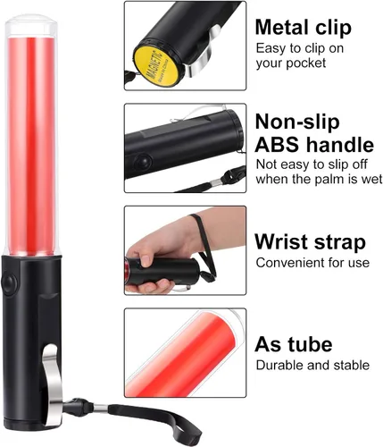 Miniatura 3 de Weewooday Paquete de 2 varitas de control de tráfico aéreo de seguridad de 11 pulgadas, varita de señal de tráfico LED con control de linterna, Rojo