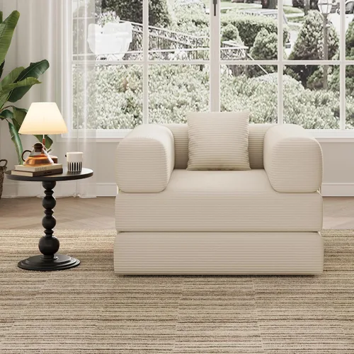 Miniatura 7 de Sofá individual para espacios pequeños, sofá convertible 2 en 1, cómodo puf para adultos con funda extraíble con almohadas para dormitorio, Beige