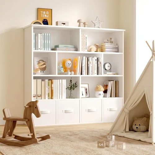 Miniatura 8 de EROMMY Organizador de almacenamiento de juguetes de 47 pulgadas de alto y estantería, almacenamiento grande de juguetes con 7 cubos de Blanco