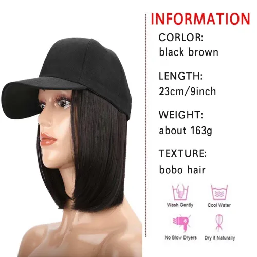 Miniatura 2 de Extensiones de cabello sintético Bobo corto con gorra de béisbol negra de 9 pulgadas, peluca con gorro de cabello negro y marrón para mujer, peluca