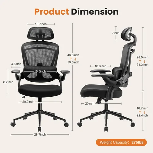 Miniatura 2 de Silla de oficina ergonómica de malla, silla de escritorio de computadora con respaldo alto con reposacabezas ajustable y soporte lumbar, silla