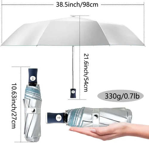 Miniatura 24 de FDJASGY Capa de revestimiento plateado, bloqueo de tela UV 99.9%, paraguas compacto plegable de viaje, paraguas automático resistente al viento