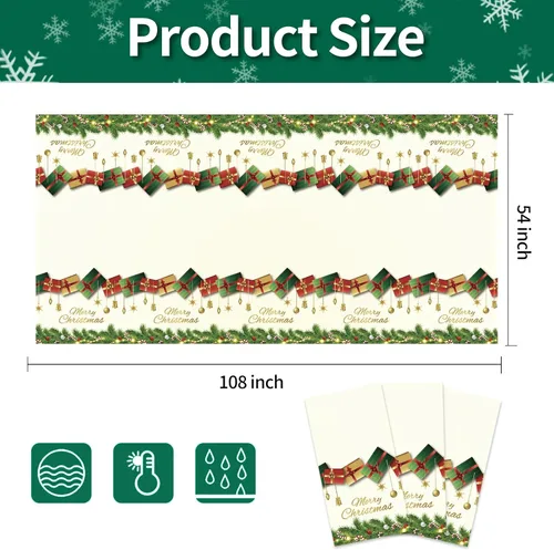 Miniatura 5 de Mantel navideño desechable de plástico, 3 piezas de 54 x 108 pulgadas, mantel rectangular de vinilo blanco de Navidad con la frase "Merry