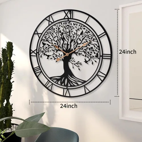 Miniatura 5 de Dankeit Reloj de pared con diseño de árbol de la vida, reloj de pared de metal negro de 24 pulgadas con árbol familiar de gran tamaño para sala