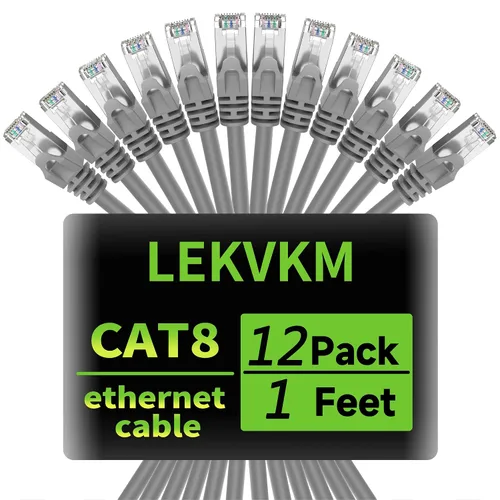 Miniatura 20 de Cable Ethernet Cat8 de 0.5 pies, paquete de 6 cables de red LAN blindados S/FTP, 40 Gbps 2000 MHz de alta velocidad, ideal para salas de servidores