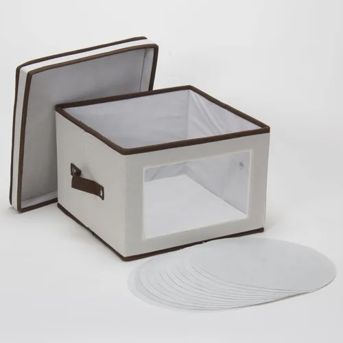 Miniatura 6 de Household Essentials 536 - Caja de almacenamiento de vajilla con tapa y asas Baúl para platos de cena Lona natural con ribete marrón