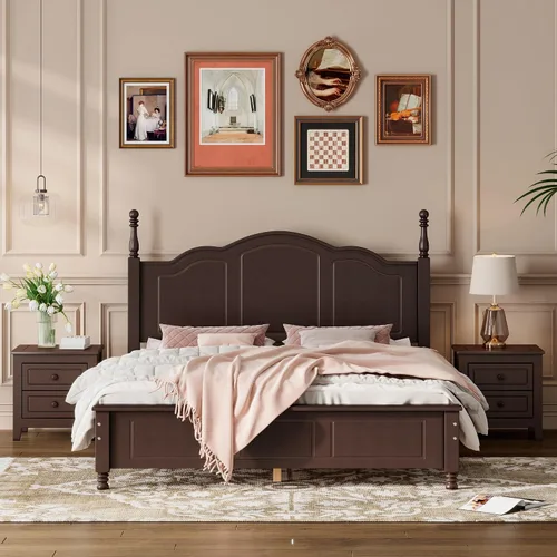 Miniatura 11 de Polibi Juego de dormitorio de 3 piezas con plataforma retro de tamaño matrimonial y 2 mesitas de noche, marco de cama de madera maciza con cabecera