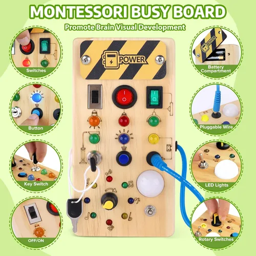 Miniatura 2 de wakeInsa Tablero de actividades con luz LED, juguetes sensoriales de viaje para niños pequeños de 1 a 3 años, tablero de madera para niños pequeños