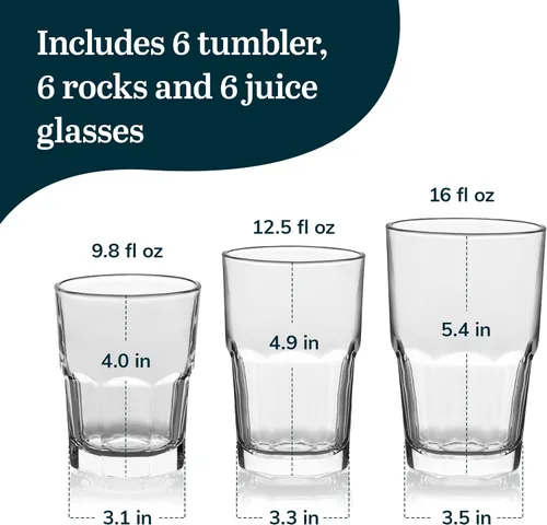 Miniatura 3 de Libbey Boston Tumbler, vasos Rocks y de jugo, juego de 18 vasos de vidrio clásicos apilables, vasos de cocina versátiles para uso diario