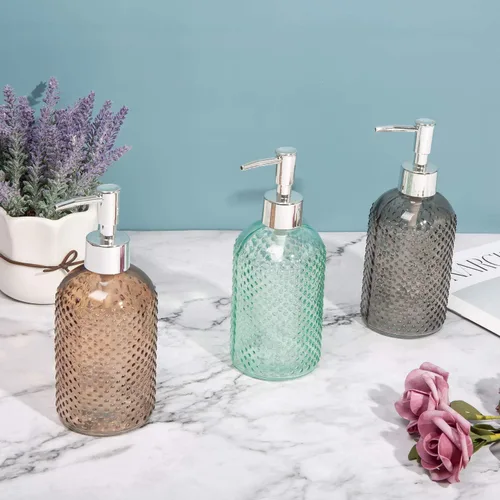 Miniatura 3 de Paquete de 3 botellas dispensadoras de jabón de loción de vidrio surtido de 15 onzas con bomba para baño, cocina
