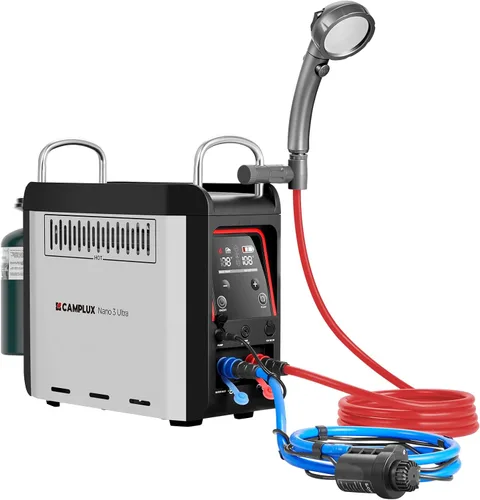 Miniatura 8 de CAMPLUX Nano 3 Calentador de agua portátil de propano con kit de bomba, diseño compacto y ligero, cables de bomba de conexión rápida y mangueras